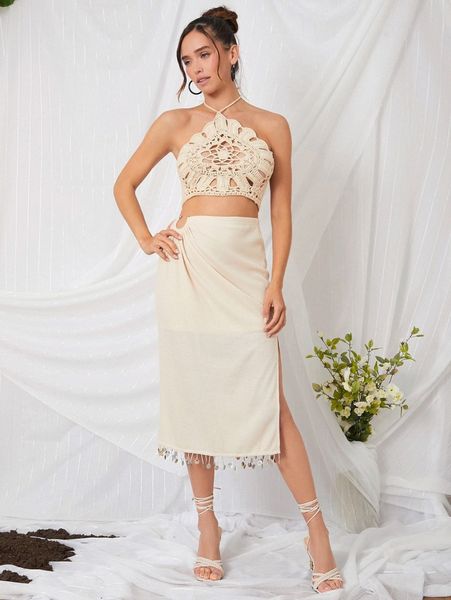 

o-ring detail split side fringe hem skirt t11o#, Black