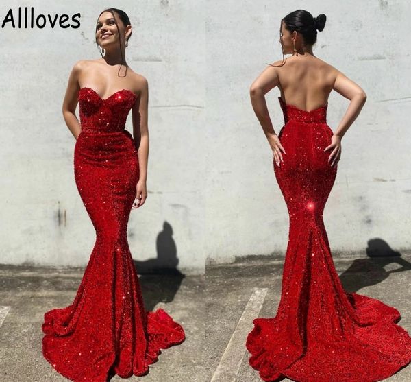 

sweetheart red sequined shiny evening dresses mermaid sleeveless open back arabic aso ebi prom party gowns sweep train plus size slim vestid, Black;red