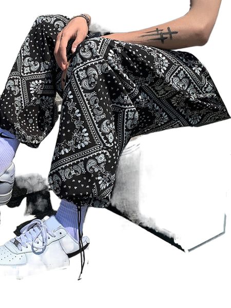 

men paisley scarf print drawstring pants l9o5#, Black