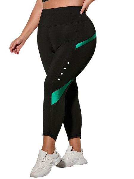 

plus four-way stretch colorblock wide waistband sports leggings d6zh#, Black
