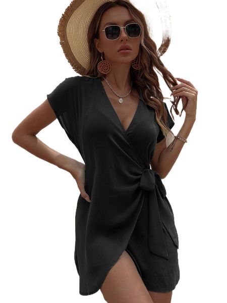 

chiffon batwing sleeve wrap knot side kimono 42o0#, White;black