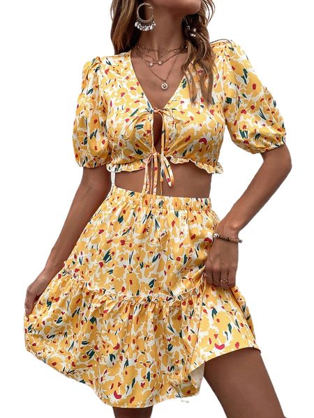 

allover floral print puff sleeve tie front frilled & skirt b7fy#, White