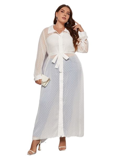 

plus collared swiss dot semi sheer longline blouse 48sq#, Black