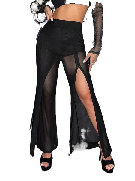 

contrast mesh split thigh flare leg pants without panty m90r#, Black;white