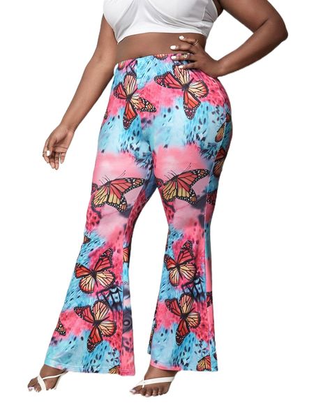 

sxy plus butterfly print flare leg pants d6n8#, Black