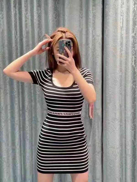 

casual dresses miu spring and summer slim striped knitted dress, Black;gray