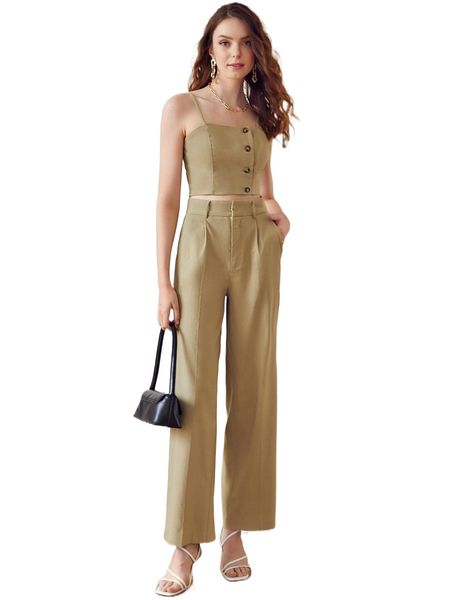 

single breasted crop cami & wide leg pants m88t#, White