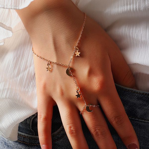 

simple cute star moon pendant chain bracelet trendy luxury connected finger for women girl elegant party gift wholesale 220716, Golden;silver