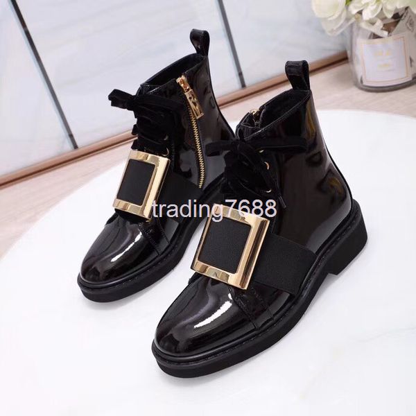 

boots autumn and winter liu wen's same women's shoes flat bottomed square buckle short boots fashion round head patent leather, Black