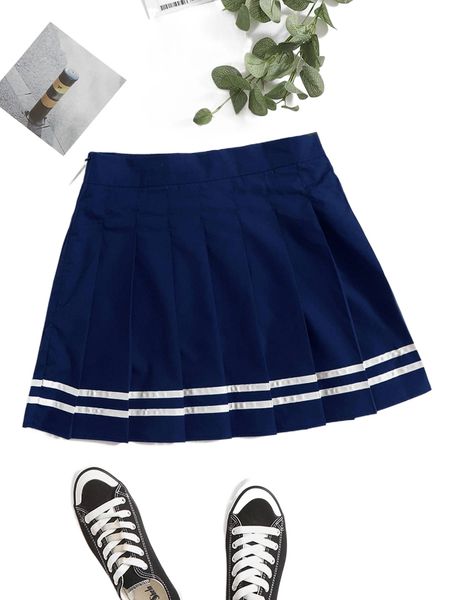 

striped print pleated mini skirt z8l7#, Black