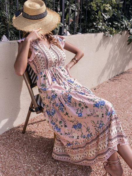 

random floral print tie front flutter sleeve ruffle hem dress z3bu#, Black;gray