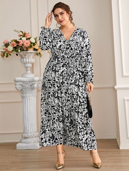 

plus floral print flounce sleeve belted dress s2bn#, Black
