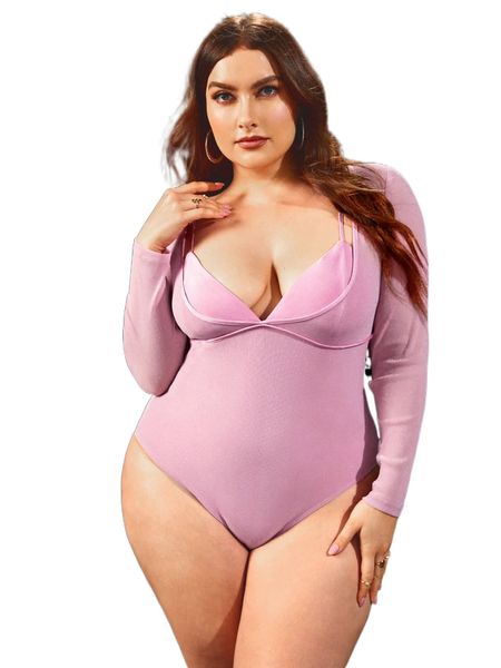 

plus scoop neck mesh bodysuit without bra z28q#, Black