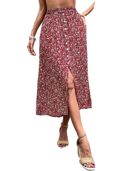 

ditsy floral button front slit skirt a0rb#, Black