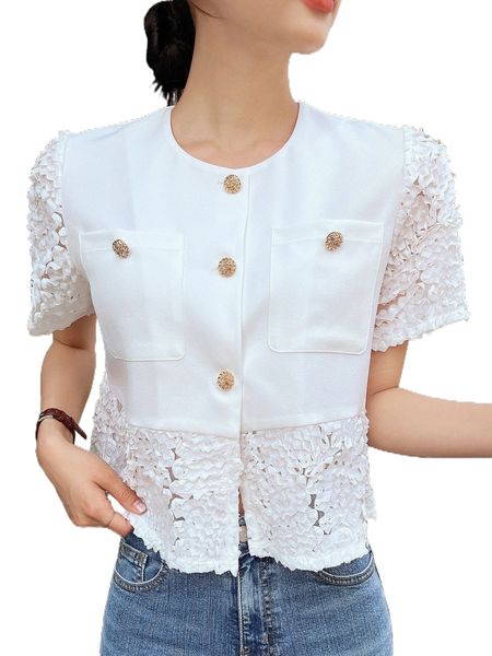 

dazy appliques pocket patched blouse c3lt#, White