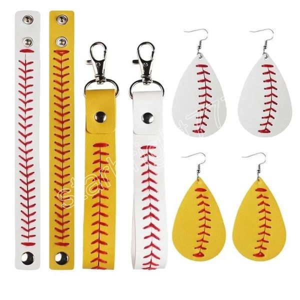 

baseball leather earrings bracelet key chain jewelry gifts fashion printed pu jewelry children's students backpack pandents accessories, Red;brown