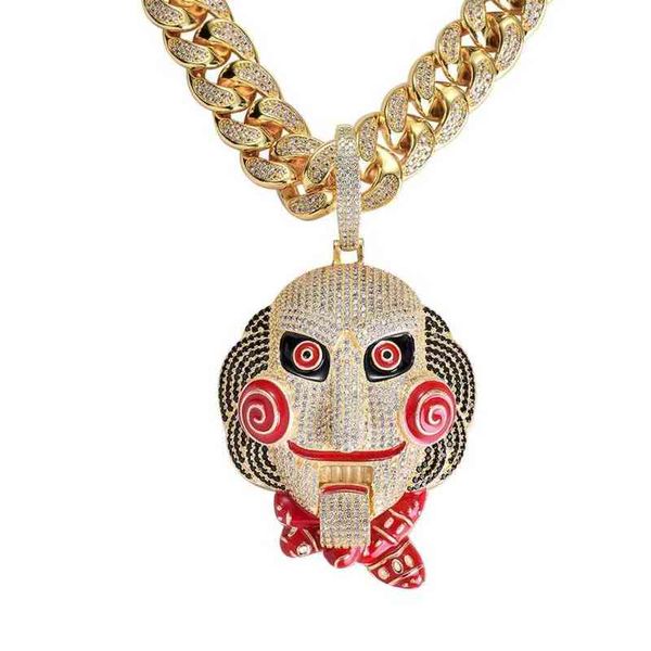 Out Buzlu Büyük Boyut 6ix9ine Maske Bebek Kolye Kolye Ağız Hareket Etme Altın Gümüş Kaplama Mikro döşeli zirkon Erkekler Jewelry3232