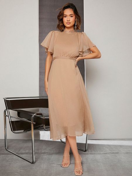 

mock-neck knot back sheer panel dress 92z5#, Black;gray