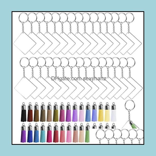 Keychains Acess￳rios de moda 120 PCs quadrados acr￭lico -chave em branco Tassels conjunto de bolsas de bolsa de bolsa de carros de carros com cadeia DIY Crafts dhvij