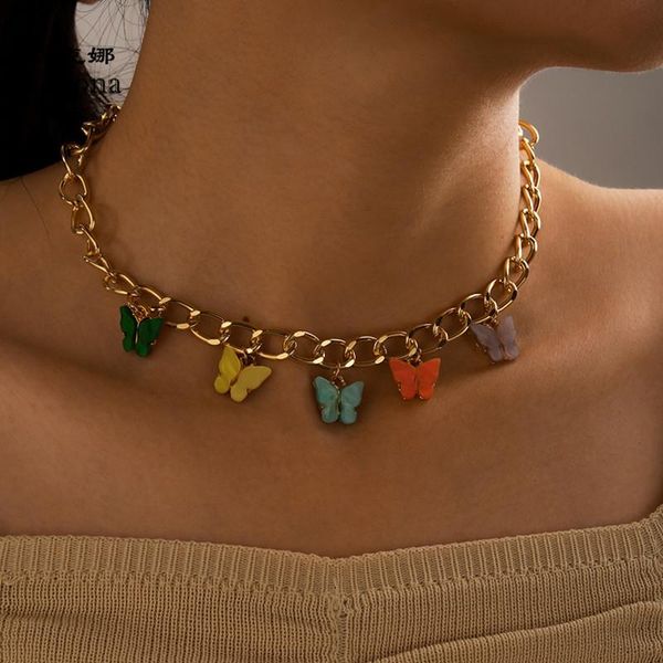 

chains vintage multicolor butterfly pendant clavicle for women girls gold alloy choker necklace party jewelry 15630, Silver