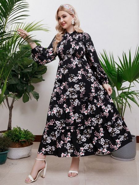 

plus floral print lantern sleeve shirred ruffle hem dress y2bm#, Black