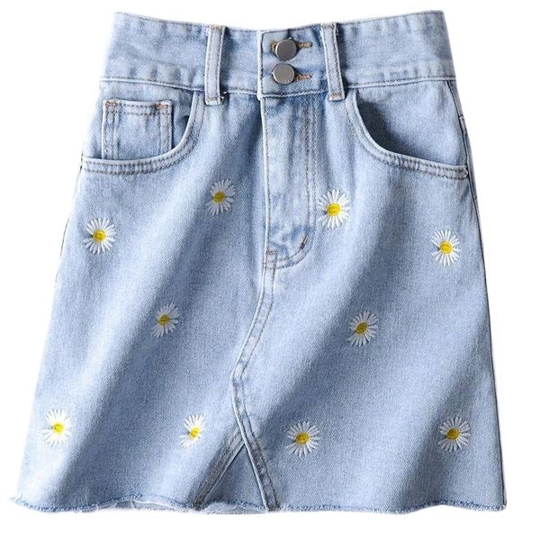 

skirts summer daisy embroidered denim mini skirt women a-line high waist flowers sweet slim blue casual plus size clothes female b5hz#, Black