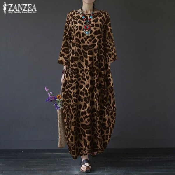 

stylish leopard summer dress womens printed sundress casual 3 4 sleeve maxi vestidos female o neck robe, Black;gray