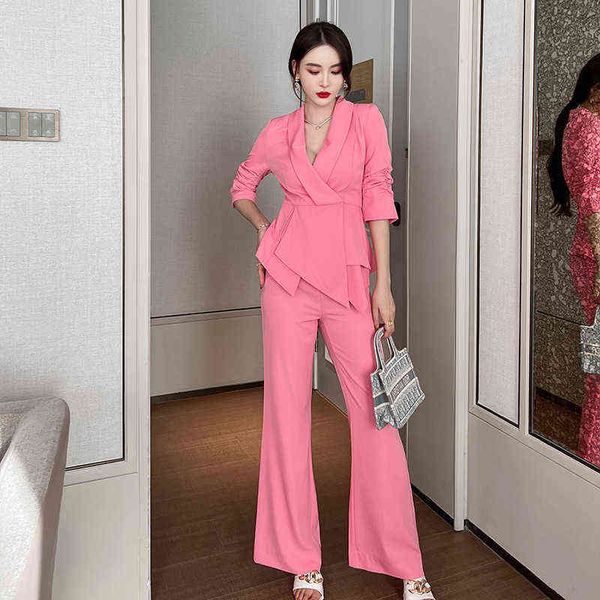 Büro Dame 2 Stück Set Rosa Elegante V-ausschnitt Mode Unregelmäßige Gefaltete Hülse Frauen Hosen Anzug 2022 Sommer Formale Frauen kleidung T220729