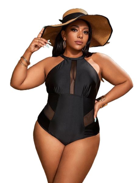 

plus contrast mesh backless halter one piece swimsuit k2jz#, White;black