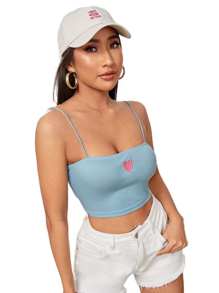 

embroidery heart rib-knit crop cami f8hi#, White