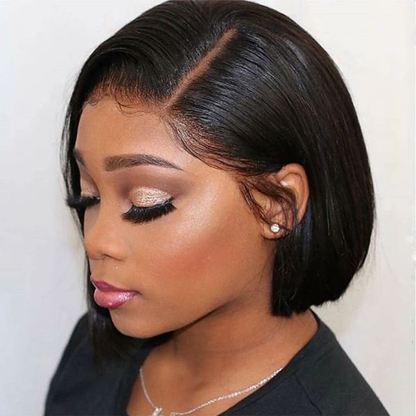 

part lace front human hair wigs for black women 8 inch short bob straight wig brazilian remy machine made wigs, Black;brown