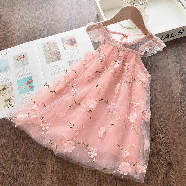 2020 Primavera Estate Abbigliamento per bambini Baby Girl Princess Dress Pizzo manica corta Fiore ricamo Design Girls Dress G220428