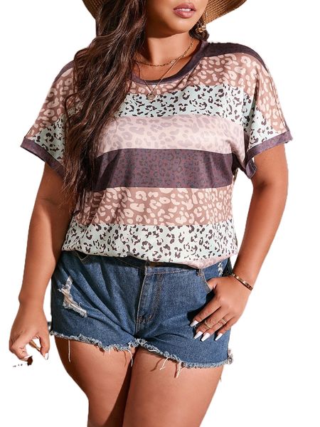 

plus colorblock leopard batwing sleeve tee r7su#, Black