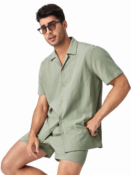 

men solid shirt and pocket front shorts set r2r0#, Gray
