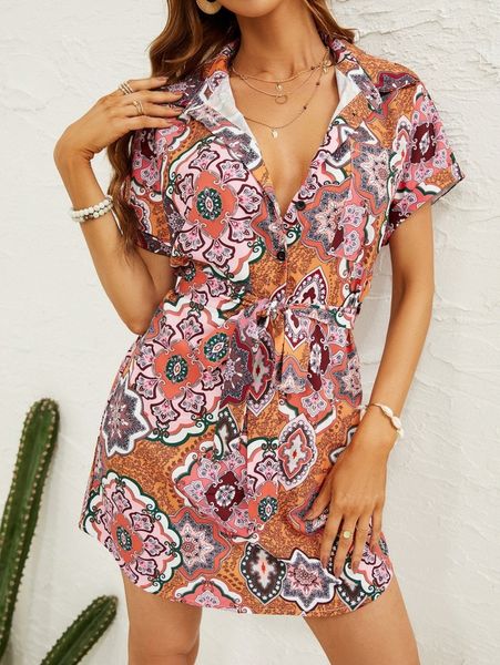 

mandala print batwing sleeve belted shirt dress x3gm#, Black;gray