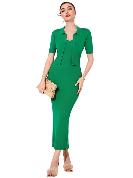 

slit back ribbed knit sweater dress & cardigan s87l#, White;black