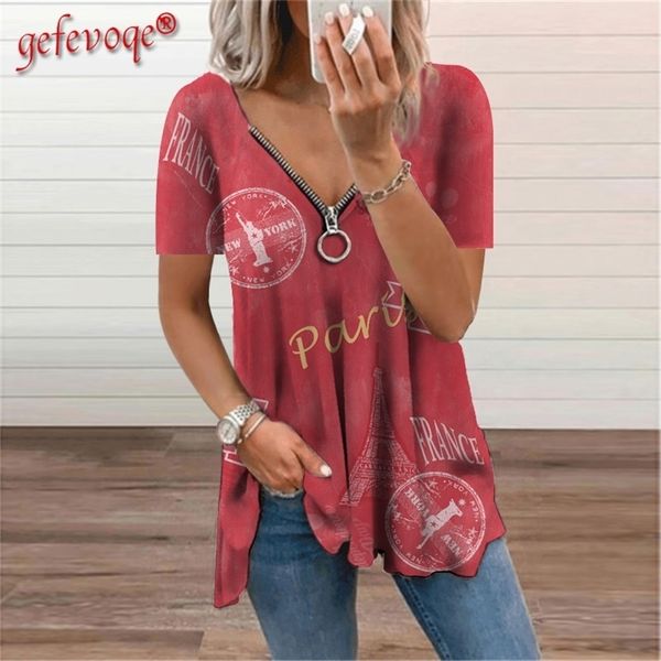 

letter graphic print women's clothing summer v-neck zipper casual t-shirt ladies tunic fashion oversize tee shirts 220328, White