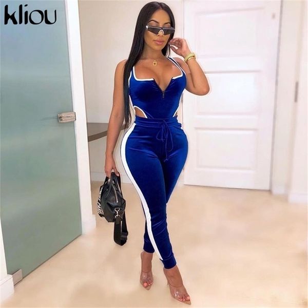 

kliou velvet women fitness sporting two pieces set outfit strapless sleeveless bodysuit leggings drawstring pants tracksuits y201128, Gray