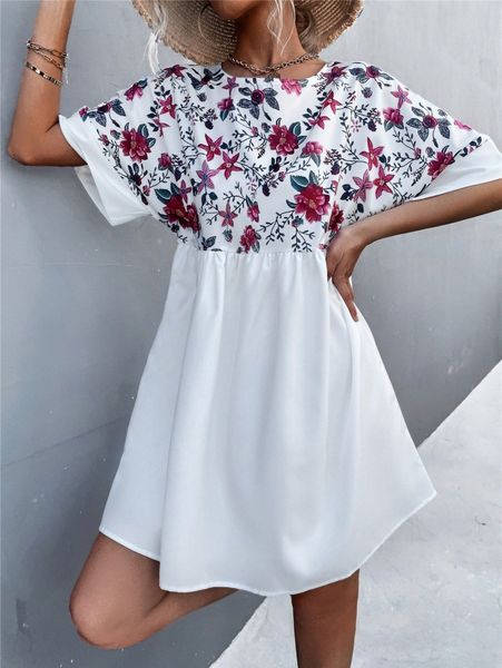 

floral print keyhole back tunic dress l300#, Black;gray