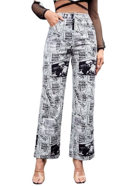 

letter & figure graphic pants c9bc#, Black;white