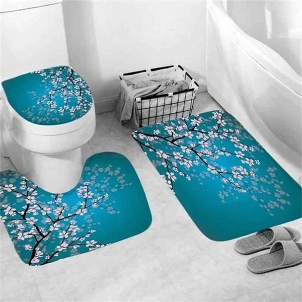 3D Plum Blossom Druck Toilette Dreiteilige Bodenmatte Türmatte Badezimmer Rutschfester Teppich Wasserdichte Bodenmatte Badezimmer Dekor 210401