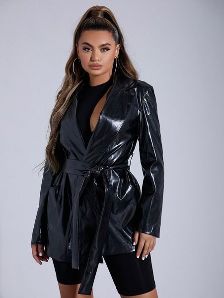 

sxy lapel neck belted pu leather blazer u6cf#, White