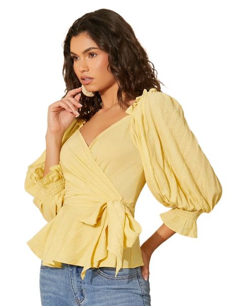 

shirred flounce cuff wrap knot side blouse a4vs#, White