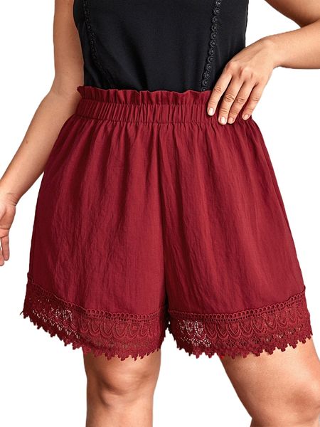 

plus paperbag waist guipure lace panel shorts e1x5#, Black