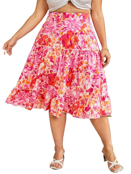 

plus allover floral print frill trim skirt 50mn#, Black