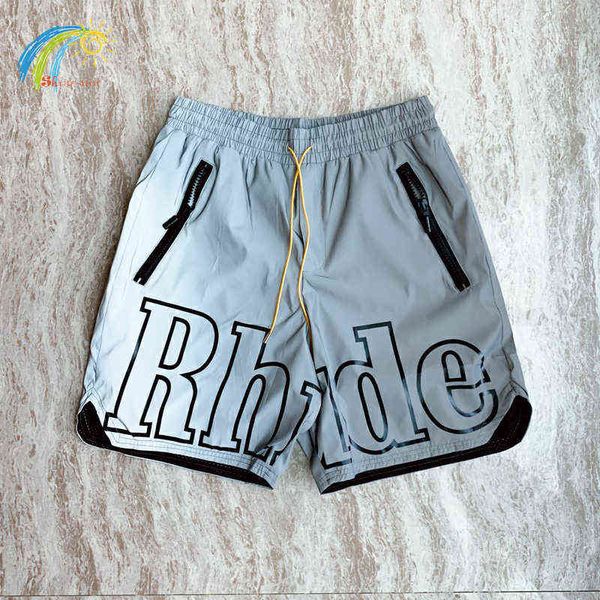 Shorts Rhude Refletivos Hip Hop M Malha Interna Masculina Feminina Calças Grandes Estampadas com Cordão