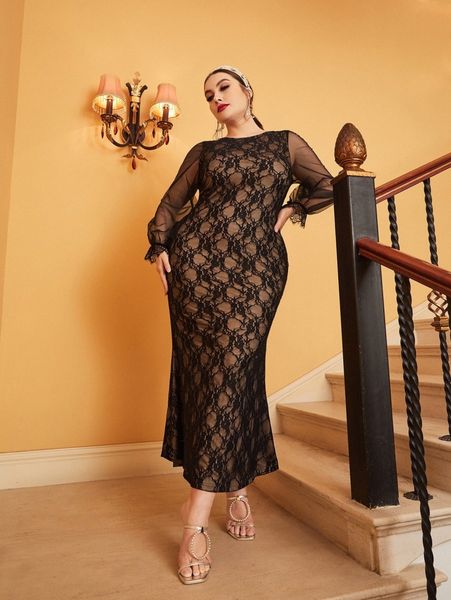 

plus sheer mesh sleeve lace dress without belt f4wr#, Black