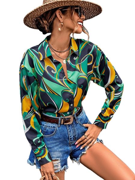 

allover print drop shoulder button through blouse n6rc#, White