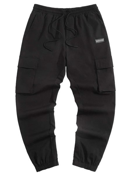 

men drawstring waist cargo pants q96r#, Black