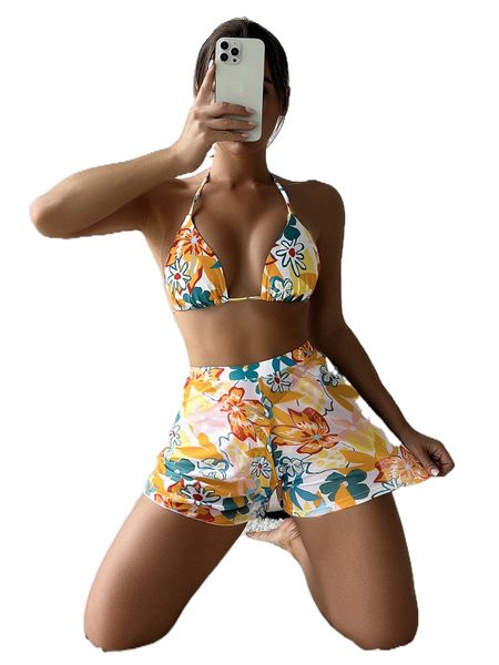 

floral triangle bikini swimsuit with beach shorts 86cz#, White;black